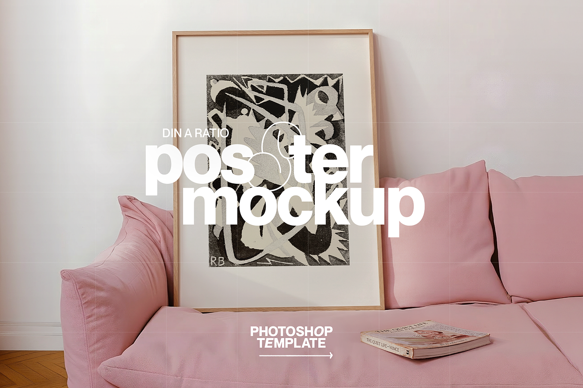 DIN A Frame Pink Couch Mockup (PSD), an Advertising Mockup by WasMockups (Photo 1 of 5)