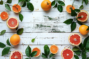 Fresh grapefruit with green leafs and copyspace for text on wooden table, a Food & Drink Photo by AlyaAnd
