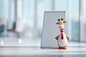 Giraffe in a tie stands confidently next to a blank presentation board in a mod, a Photo by AlyaAnd