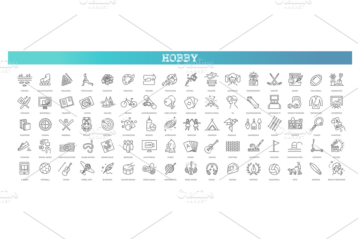 Hobbies and interest icons set, an Icon by Tettygreen