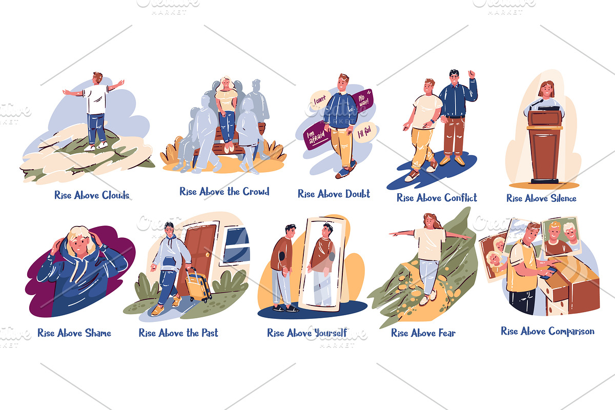 Rise Above Inspirational Cartoon Set, a Person Illustration by VictoriaSergeeva