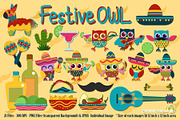 FestiveOWL Digital Clipart, a Seasonal Illustration by Cozy Cat Design (Thumbnail 1 of 5)