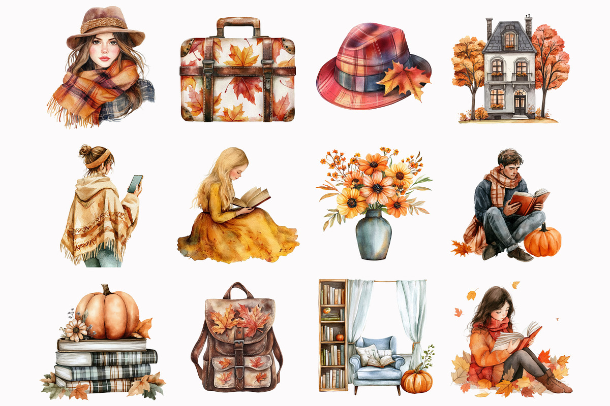 Watercolor Fall Plaid Bookworm clipa, an Illustration by Design Market (Photo 3 of 4)