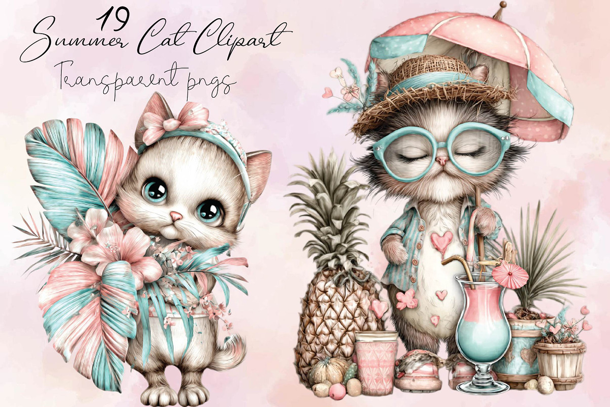 Whimsical Summer Cat Clipart, an Illustration by SVGArt (Photo 1 of 9)