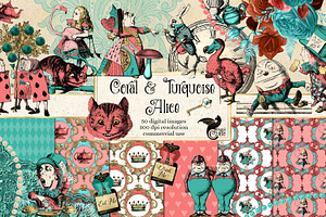Coral & Turquoise Alice Graphics, an Illustration by Digital Curio