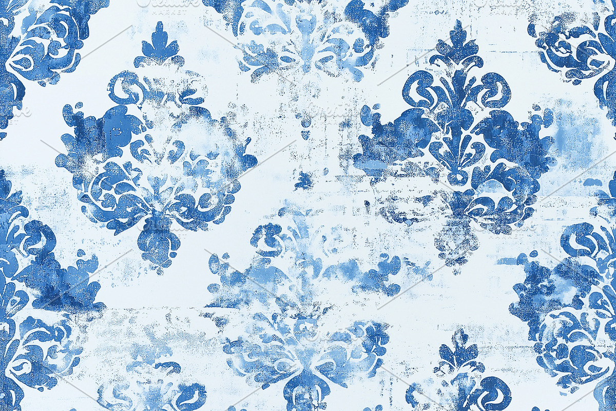 Seamless pattern blue distressed damask pattern with vintage flo, a Pattern Graphic by Studio ANNA