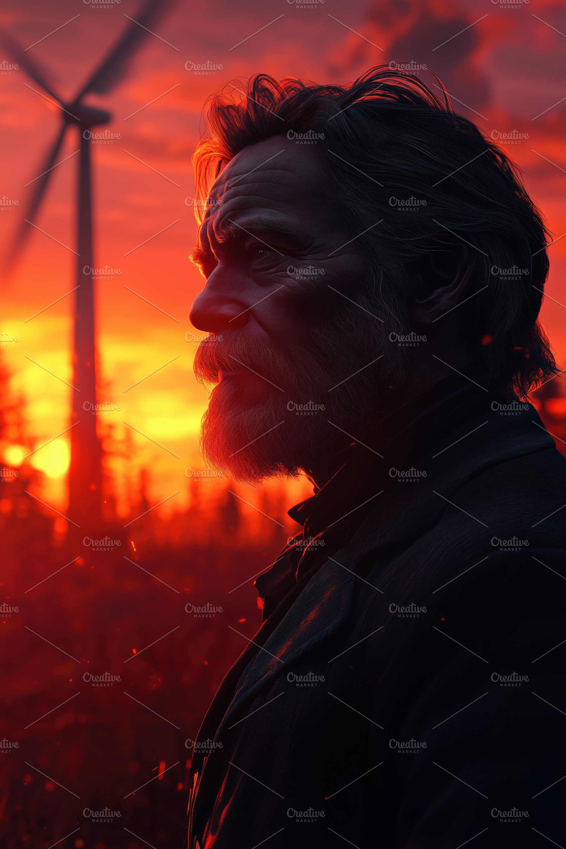 A profile of an older man with a beard, set against a vibrant sunset with wind, a Technology Photo by Textures & Backgrounds