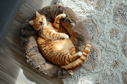 Top view of cute red cat lying on soft dog bed in home interior, an Animal Photo by AlyaAnd