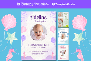 1st Birthday Invitations Templates, a Templates & Theme by TemplateCastleStore