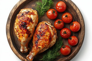 Roasted chicken and tomatoes on a wo, a Food & Drink Photo by Pixeness Studio
