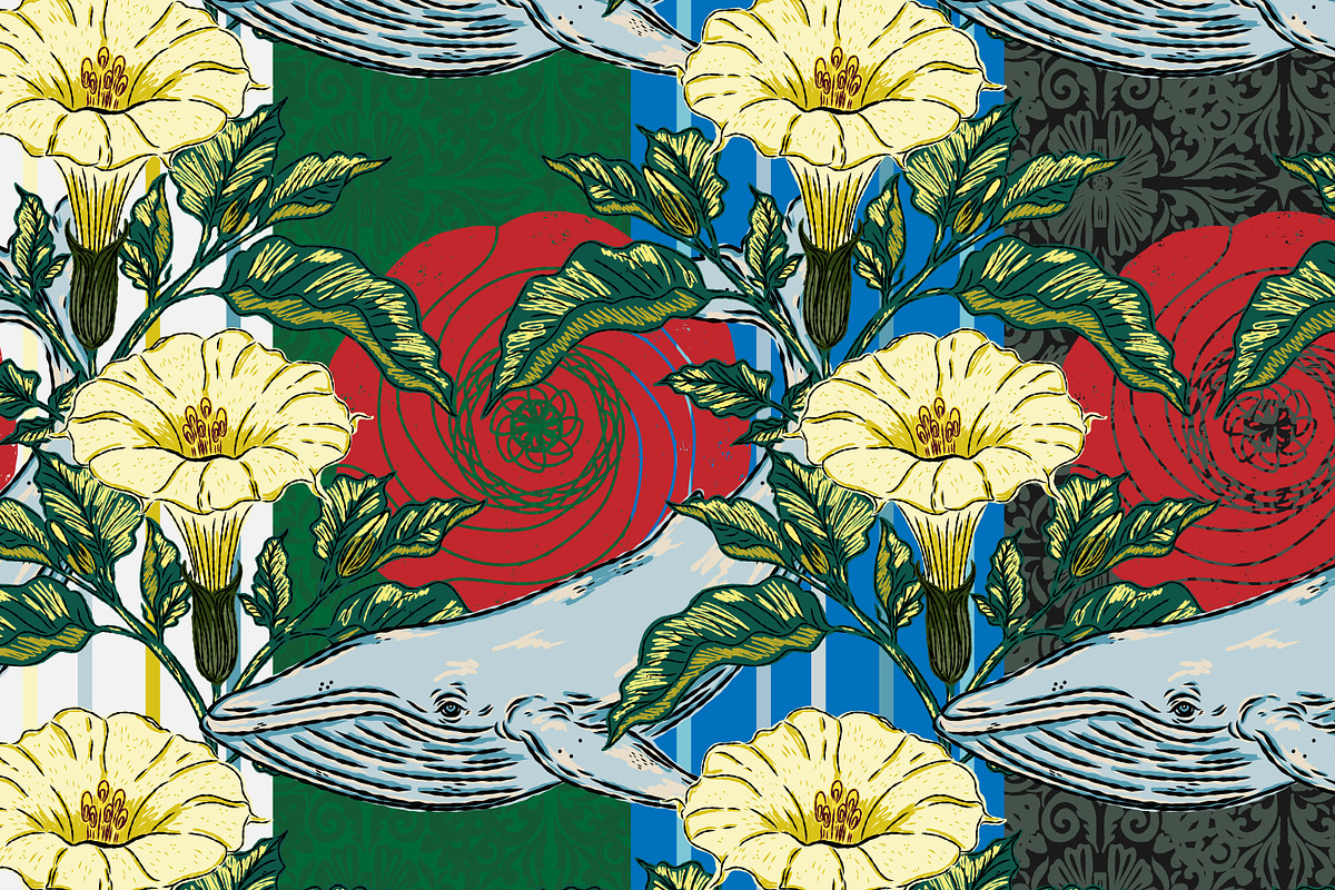 Asian Inspired Whale Datura Pattern, a Pattern Graphic by NayaChu (Photo 1 of 11)