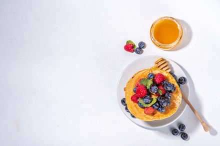 Stack of pancakes with berries, a Food & Drink Photo by Rimma