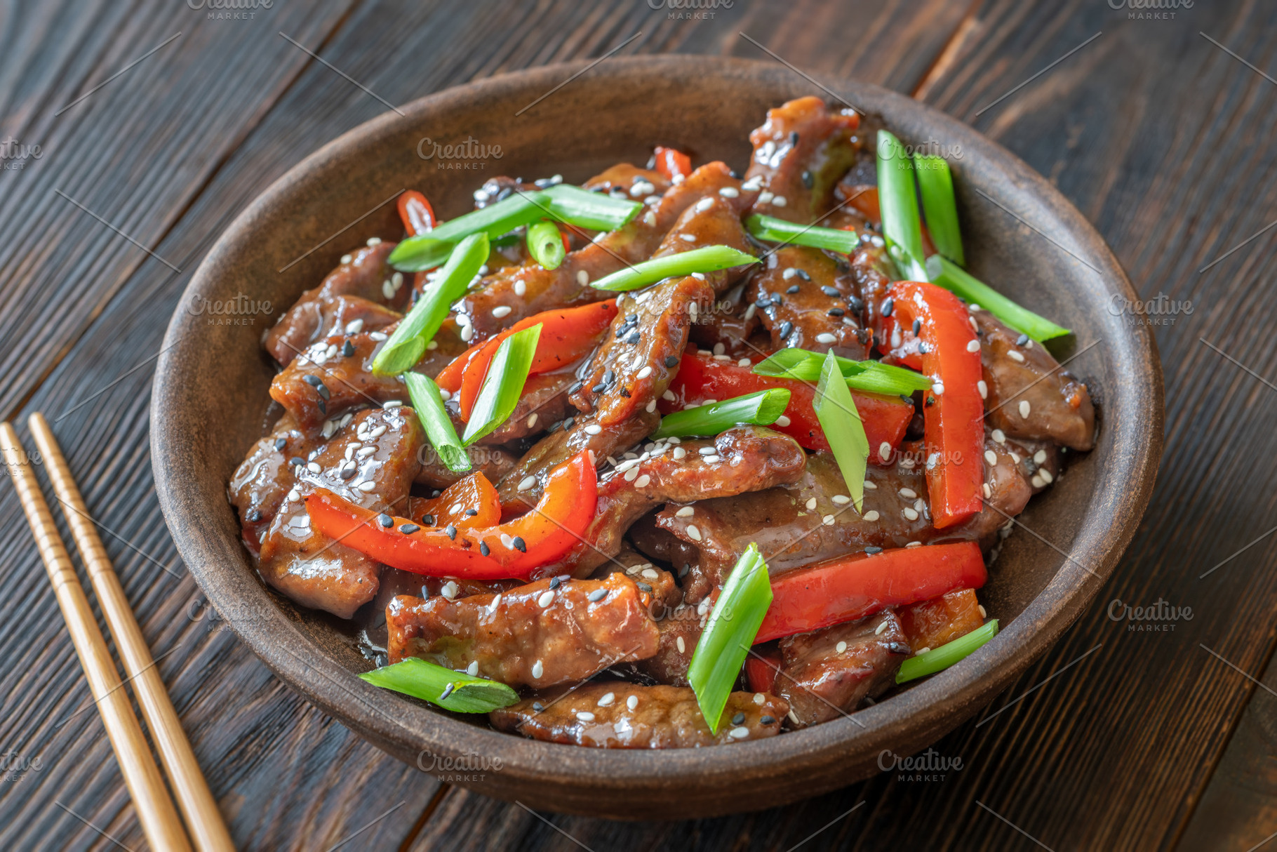 Chinese Beef Stir Fry Garnished With Scallions Sesame Seeds And, a Food & Drink Photo by Alexander Prokopenko