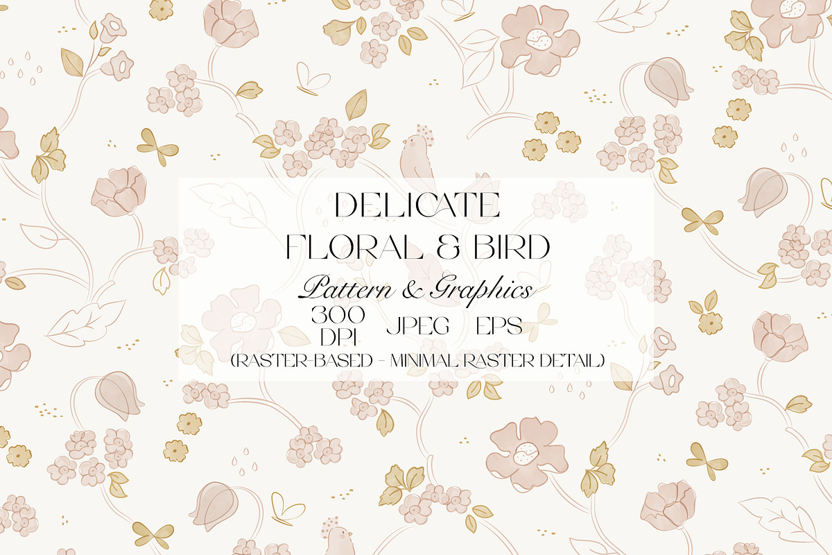 Delicate Floral & Bird Pattern, a Pattern Graphic by StudioGlouna (Photo 1 of 5)