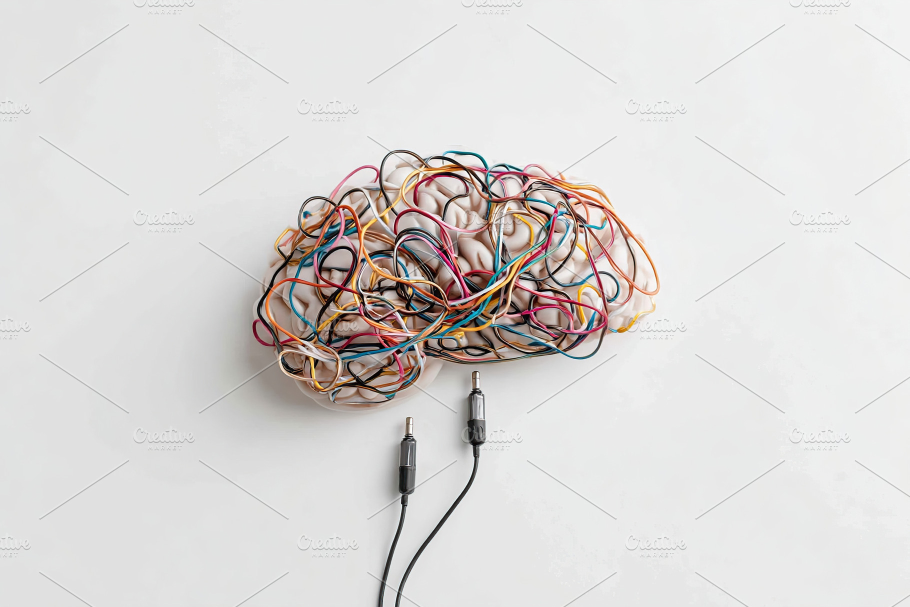 Tangled headphone wires creating an intricate and colorful knot on a white surf, a Photo by AlyaAnd