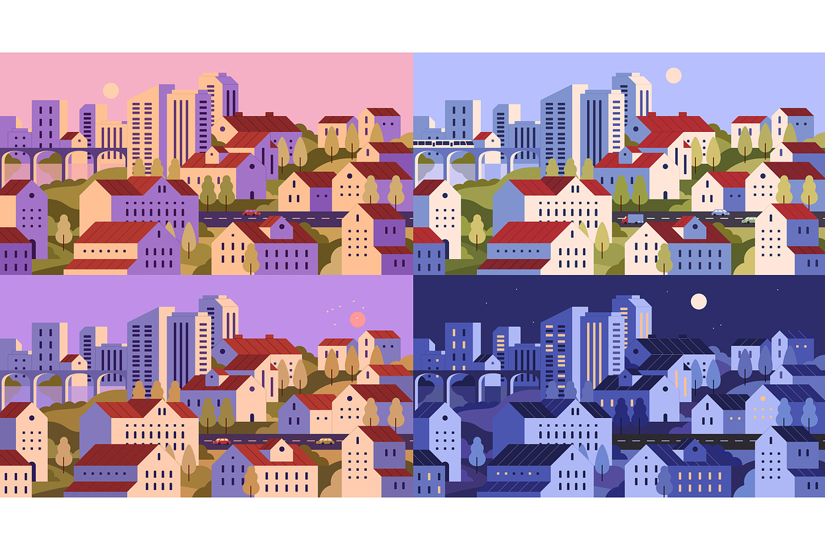 Cityscapes set + seamless patterns, an Object Illustration by PaperTrident (Photo 1 of 8)