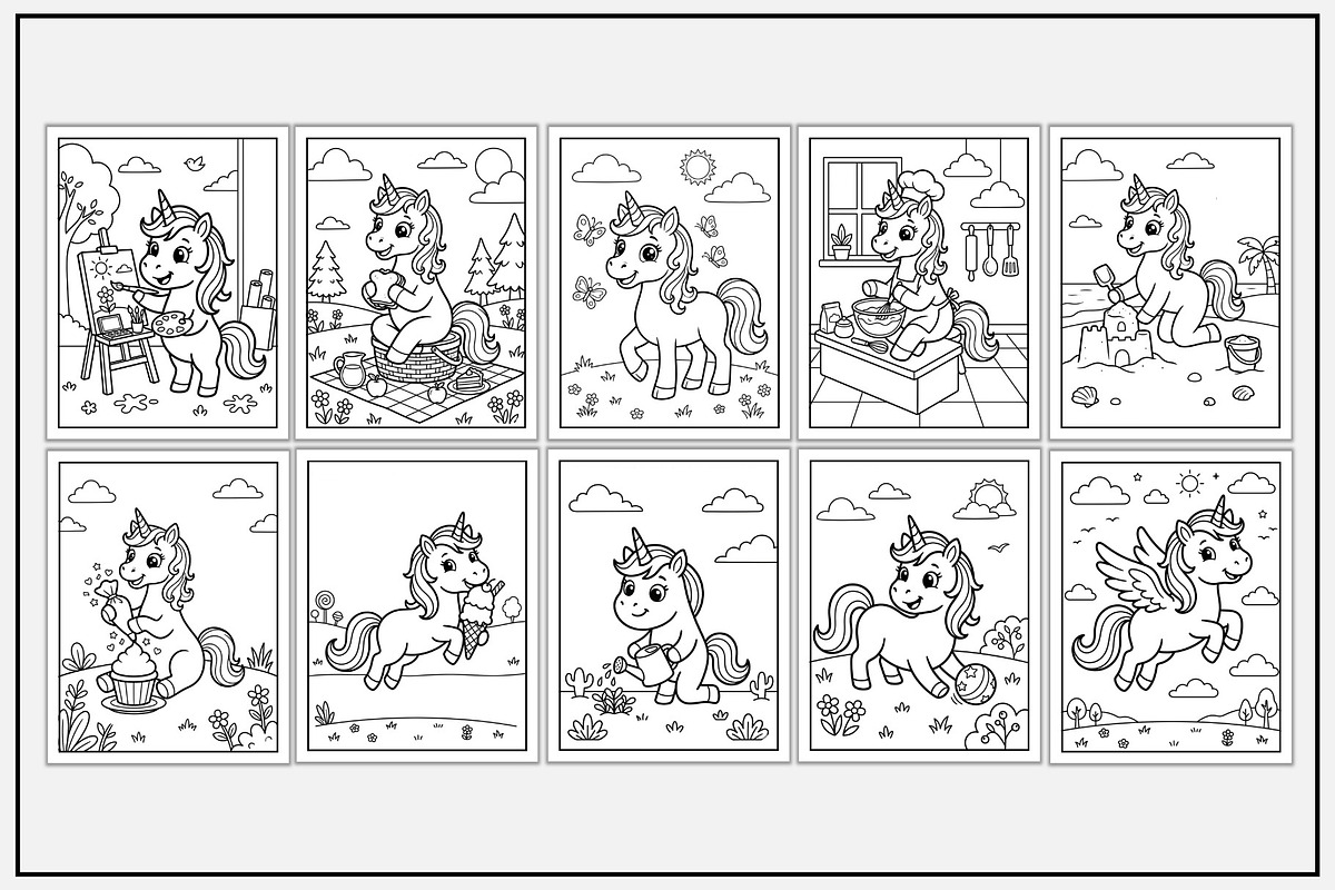 Unicorn Daily Routine Coloring Pages, an Animal Illustration by Lamia Emad (Photo 3 of 5)
