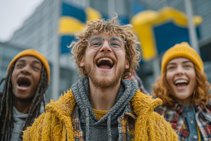 Excited group of young swedish friends celebrating success outdoors with joy an, a Photo by AS photostudio