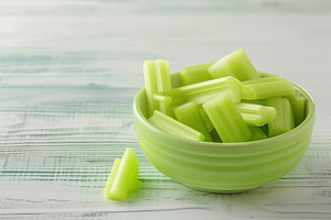 Green fresh celery pieces in bowl on wooden background, a Food & Drink Photo by AlyaAnd