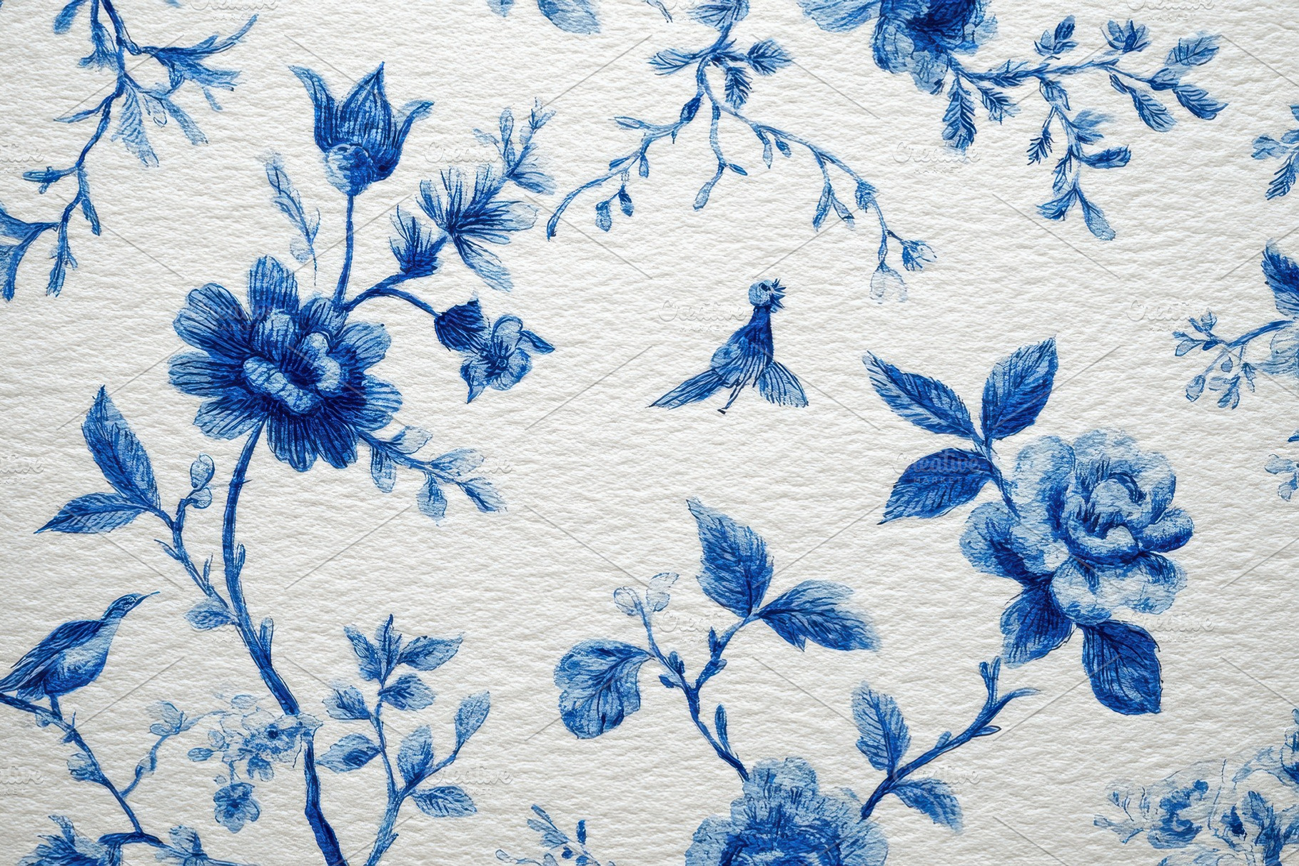 Blue floral pattern with birds, a Photo by Pavel_design