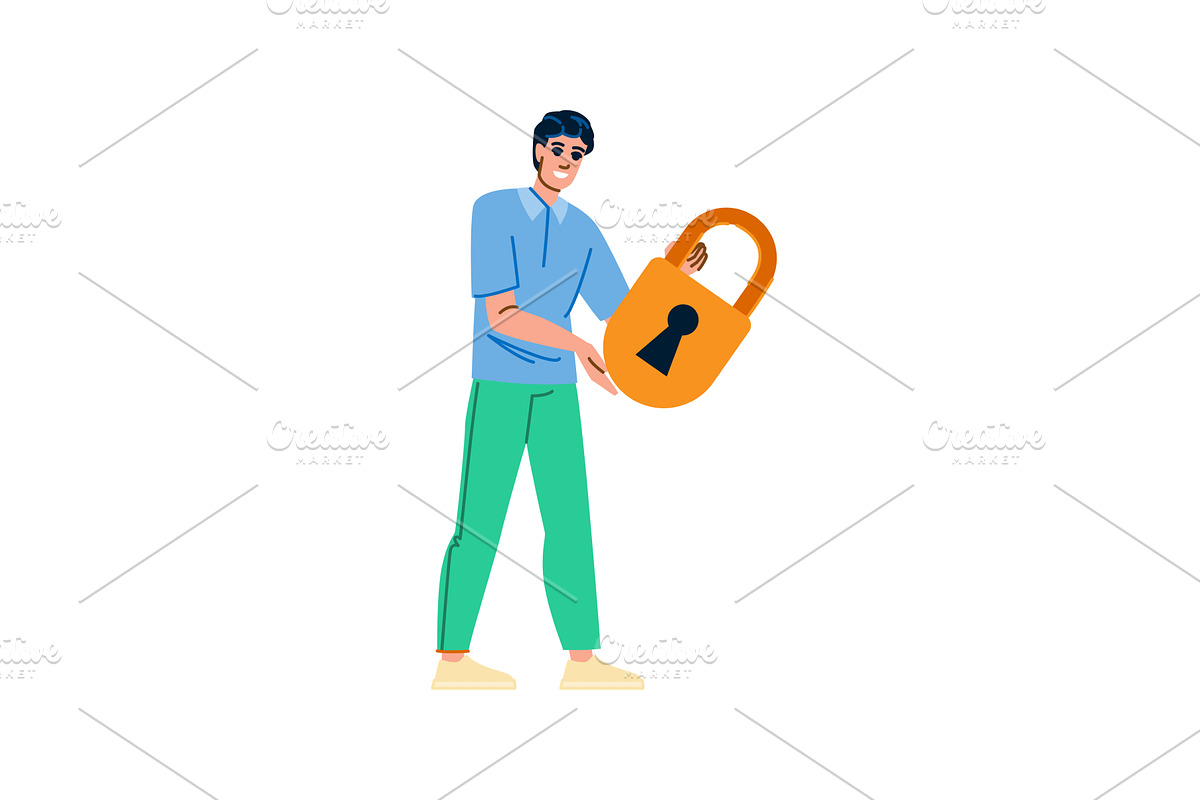 Smiling man holding big padlock, a Technology Illustration by pikepicture