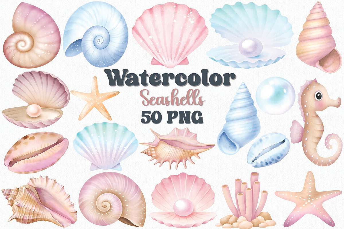 Watercolor Seashells Clipart Set, an Illustration by CropUp Creative (Photo 1 of 4)