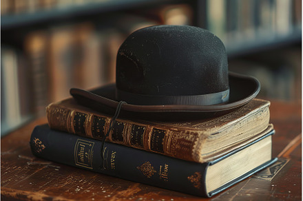 Old bowler hat resting on stack of, a School & Education Photo by Ylivdesign