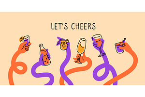 Multicolored hands holding glasses, a Food Illustration by Vectorbuum