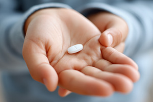 Child's hands holding single pill, a Health & Medical Photo by MistyDay