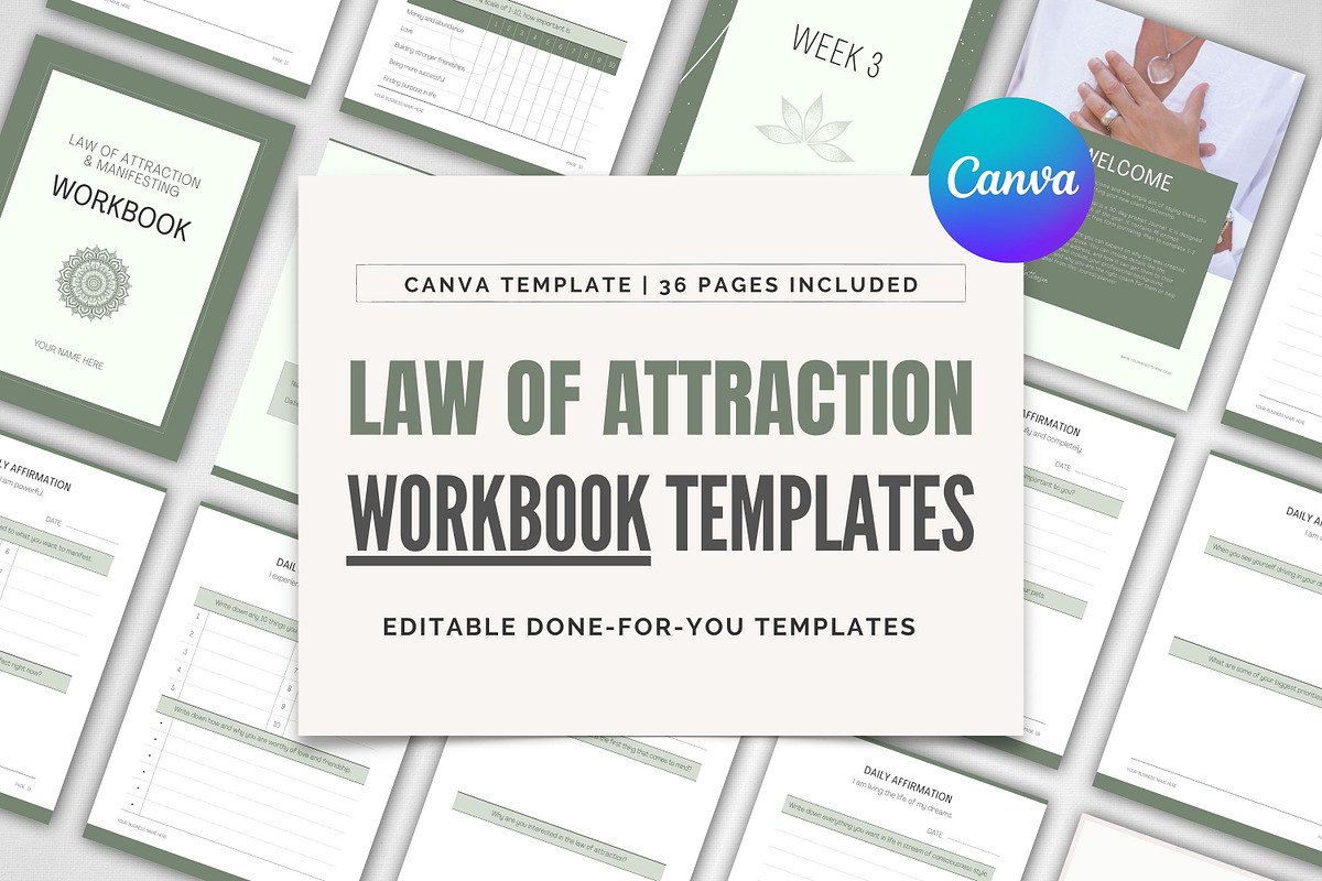 Law of Attraction Workbook | Canva, a Magazine Template by Designs by Darowan (Photo 1 of 9)