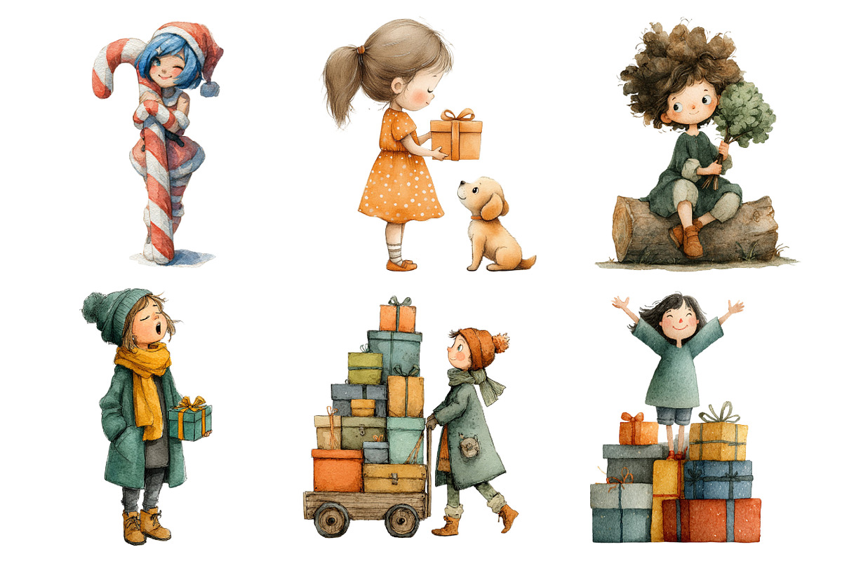 Watercolor Christmas Girls Clipart, an Illustration by Daily.Designs (Photo 3 of 3)