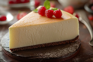 A delicious slice of cheesecake topped with fresh raspberries on, a Food & Drink Photo by ImageMir