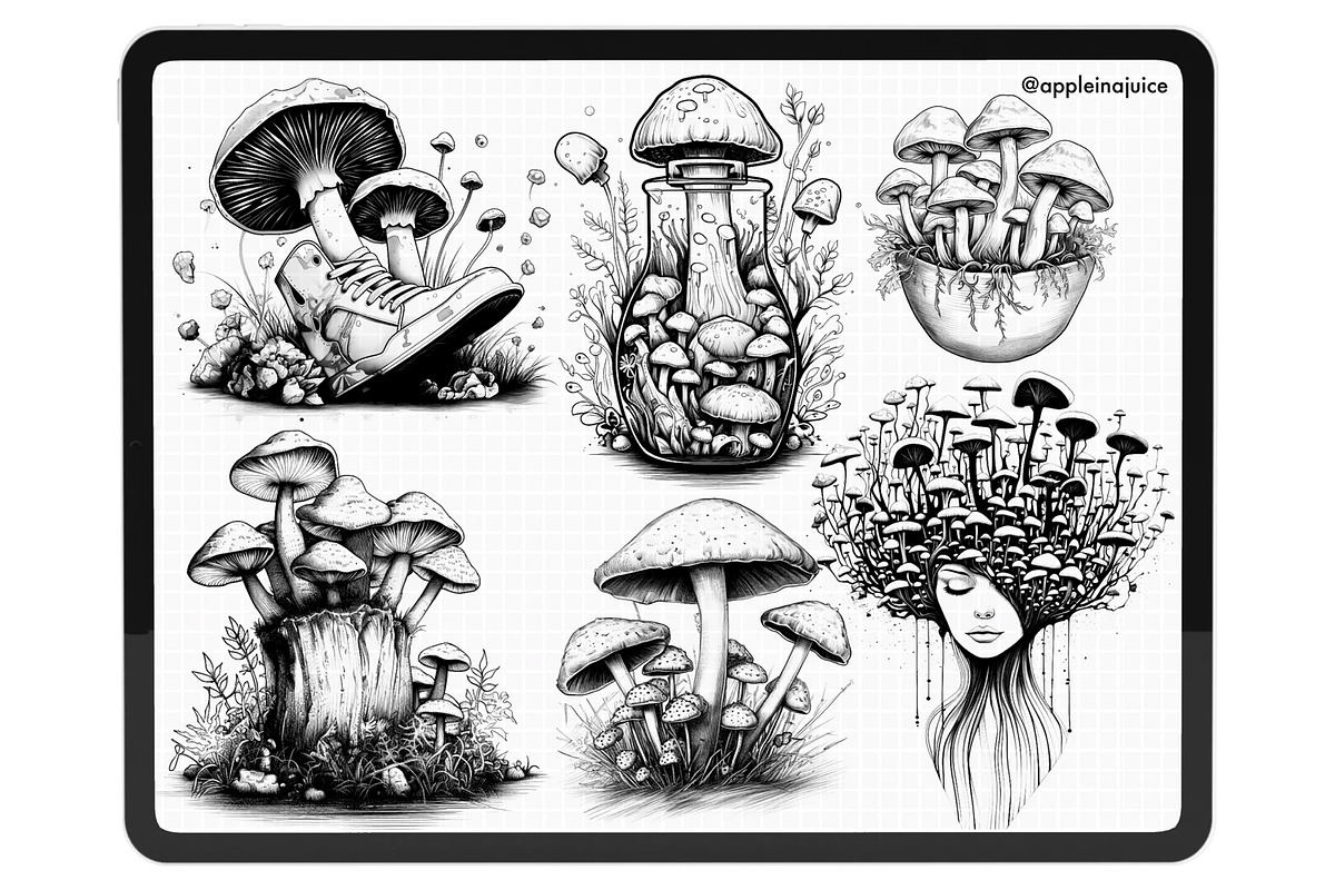 Procreate mushrooms tattoo brushes, a Brush Add-On by Revabrush