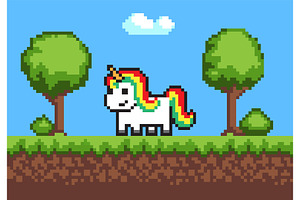 Cheerful Pixel Poney Horse On Cute Green Meadow