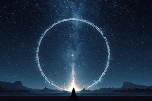 Starry night sky viewed from a remote location with a mystical circle of light, a Photo by AlyaAnd