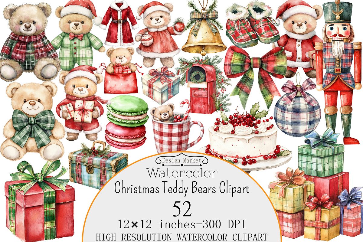Watercolor Christmas Teddy Bears Cli, a Seasonal Illustration by Design Market (Photo 1 of 5)