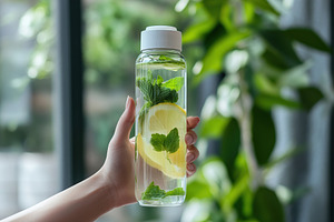 Fresh lemon and mint infused water held in a transparent reusable bottle, a Food & Drink Photo by AlyaAnd