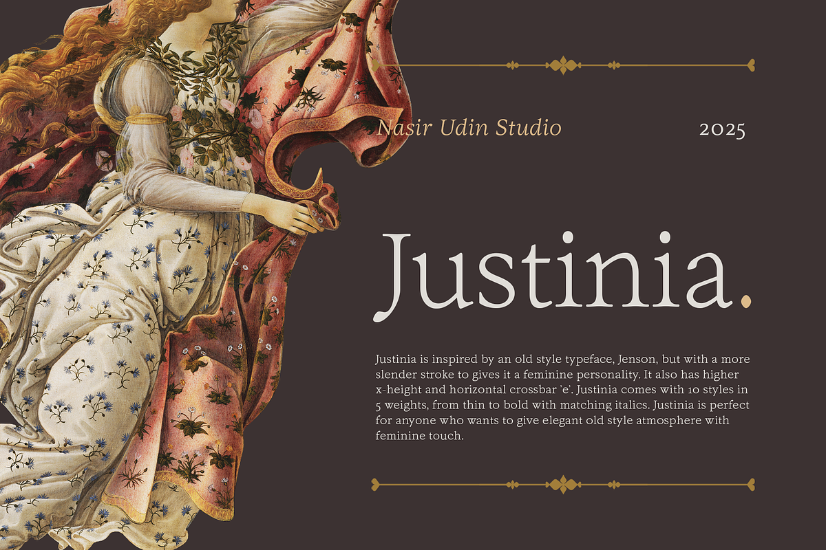 Justinia - 10 Old Style Fonts, a Serif Font by Nasir Udin (Photo 1 of 14)