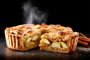 Freshly baked apple pie with golden crust and steaming slices on display, a Food & Drink Photo by AlyaAnd