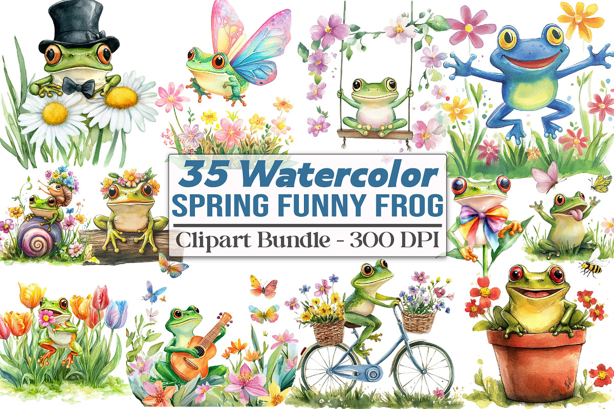 Spring Funny Frog Clipart, an Illustration by DreamCafeArt (Photo 1 of 5)