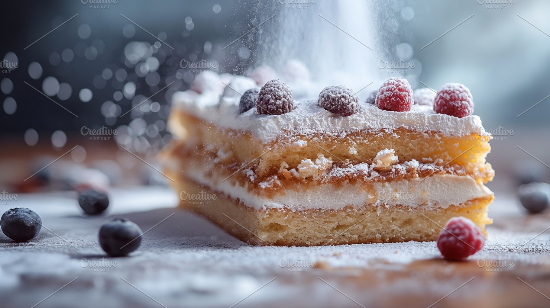 A delicious layered cake topped with fresh raspberries and blueb, a Food & Drink Photo by ImageMir