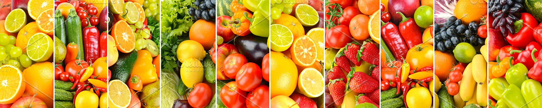 Background of fruits and vegetables separated vertical lines., a Food & Drink Photo by Serg64