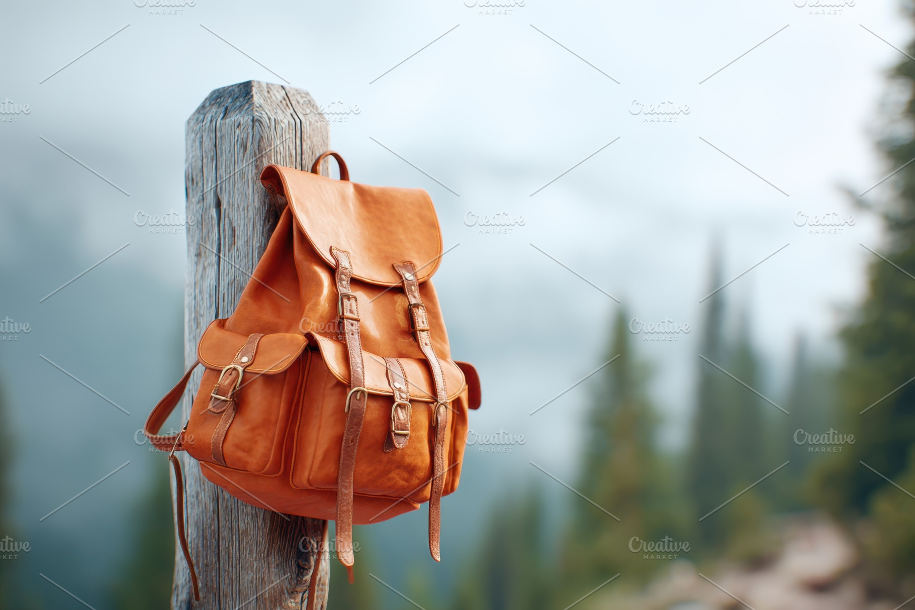 Bright hiking backpack in misty forest, a Sports & Recreation Photo by AlyaAnd
