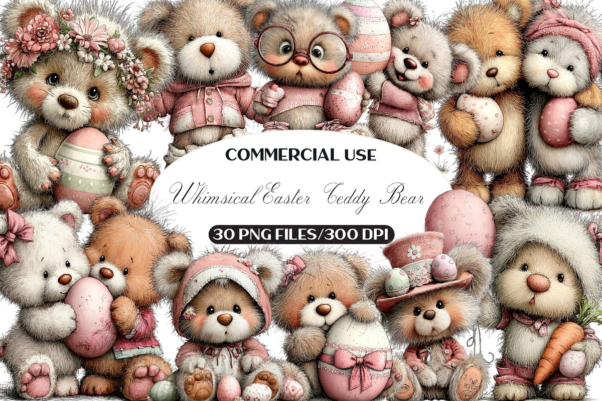 Whimsical Easter Teddy Bear Clipart, an Illustration by Black Bird Studio (Photo 1 of 6)