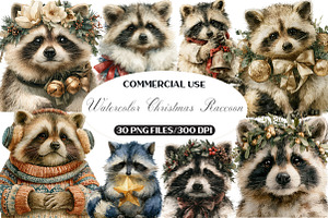 Watercolor Christmas Raccoon Clipart, a Seasonal Illustration by Black Bird Studio