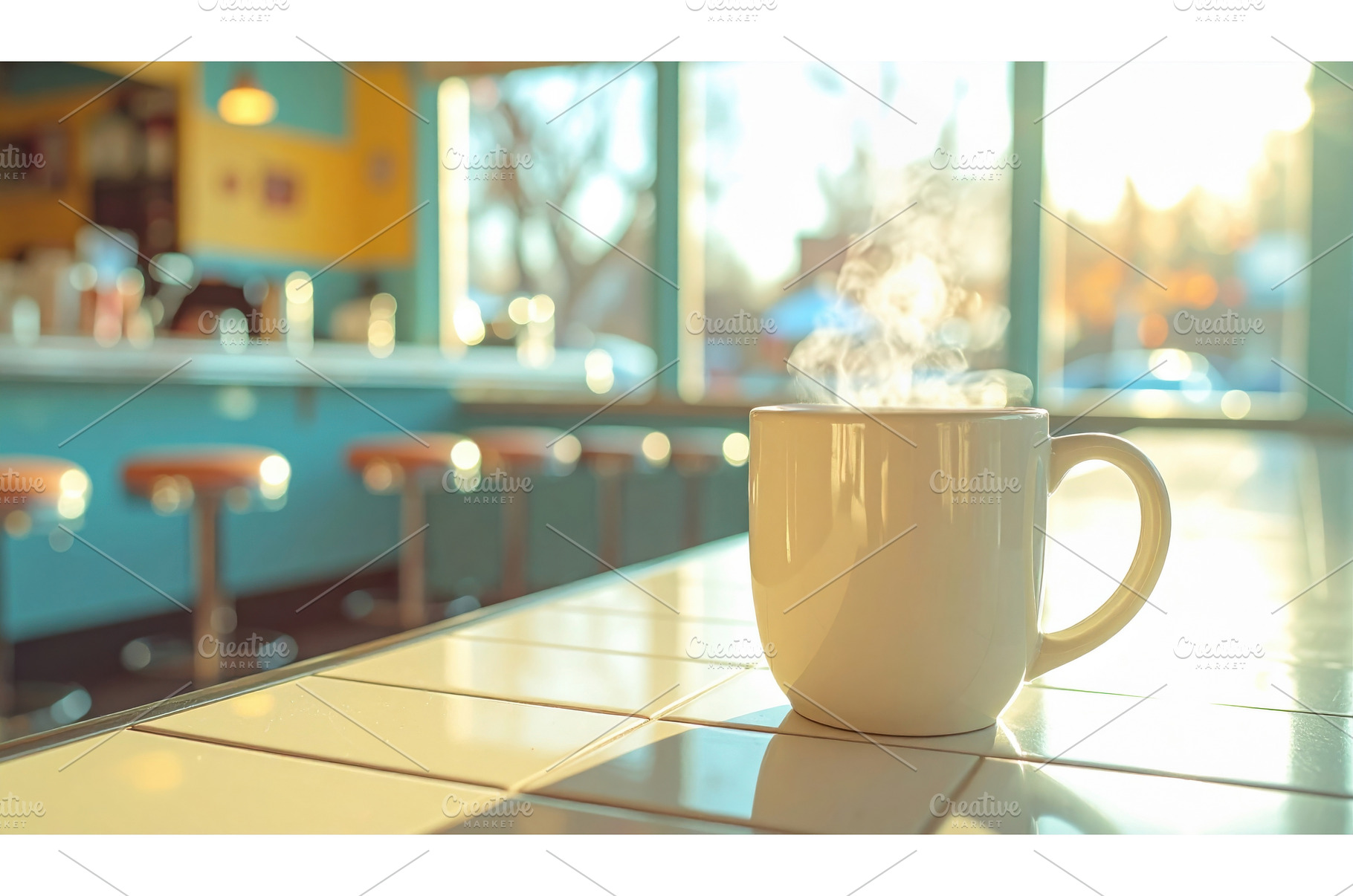 A steaming mug of coffee in a retro, a Food & Drink Photo by Igor Tichonow
