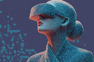 Digital woman in polygon mesh wearing futuristic VR headset surr, an Abstract Photo by José Manuel Gelpi