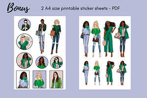 Girls In Green 3 Fashion Clipart Set