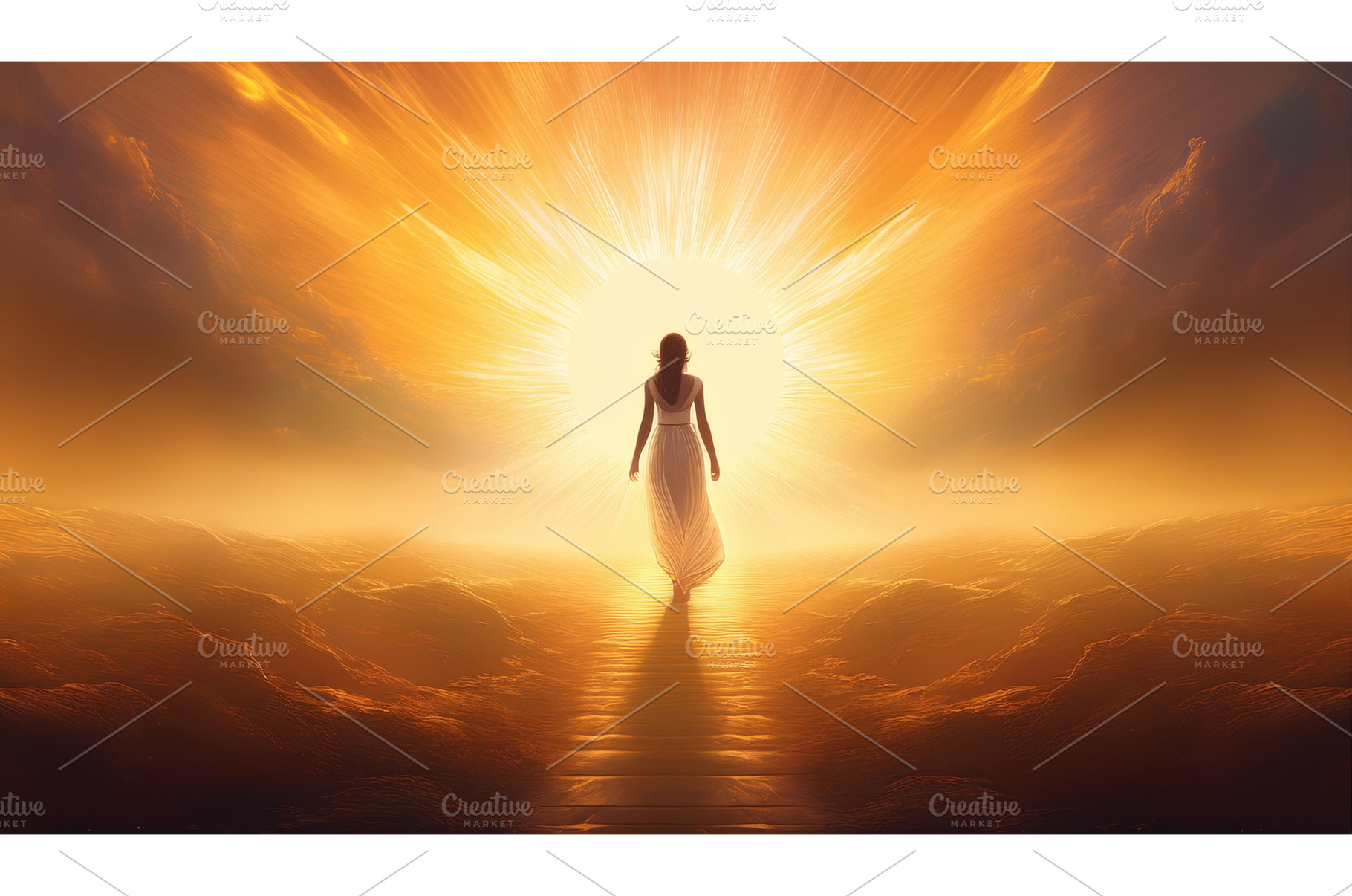A woman walking towards a radiant, a Background Photo by Igor Tichonow