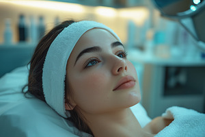 A young woman esthetic technologist with a headband lying on a treatment bed, l, a Person Photo by Textures & Backgrounds